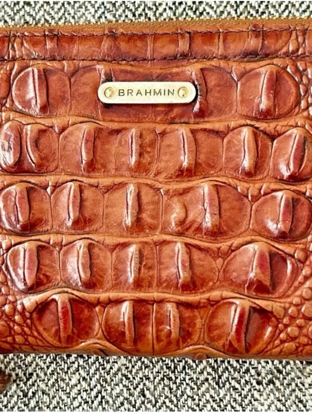 Vintage Brahmin Suri Leather Long Wallet Zip Around Cognac Brown Croc Embossed